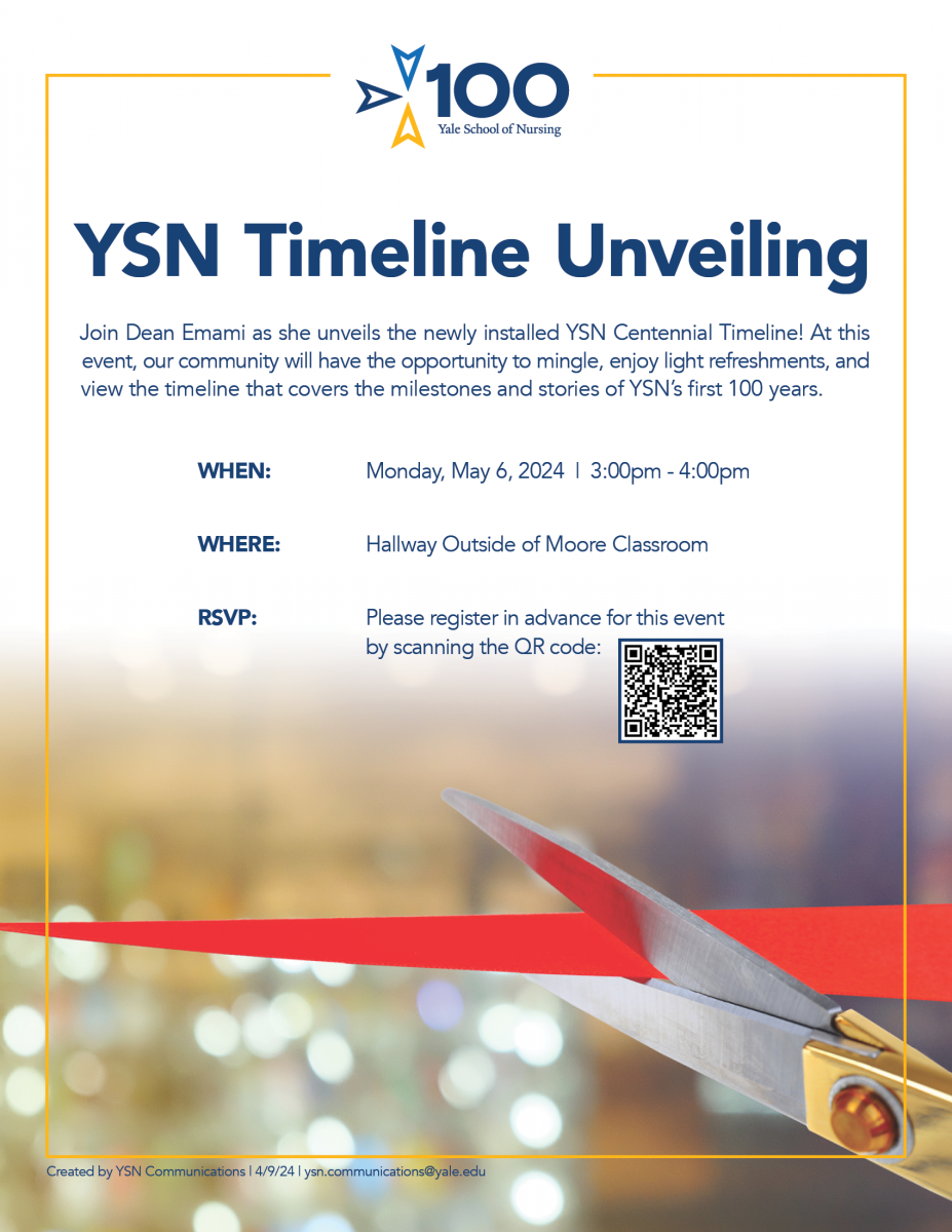 Join Dean Emami as she unveils the newly installed YSN Centennial Timeline! At this event, our community will have the opportunity to mingle, enjoy light refreshments, and view the timeline that covers the milestones and stories of YSN’s first 100 years.