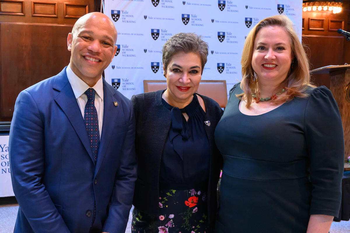 Dr. Stephan Davis, Dean Azita Emami and Dr. Allison Squires ‘07
