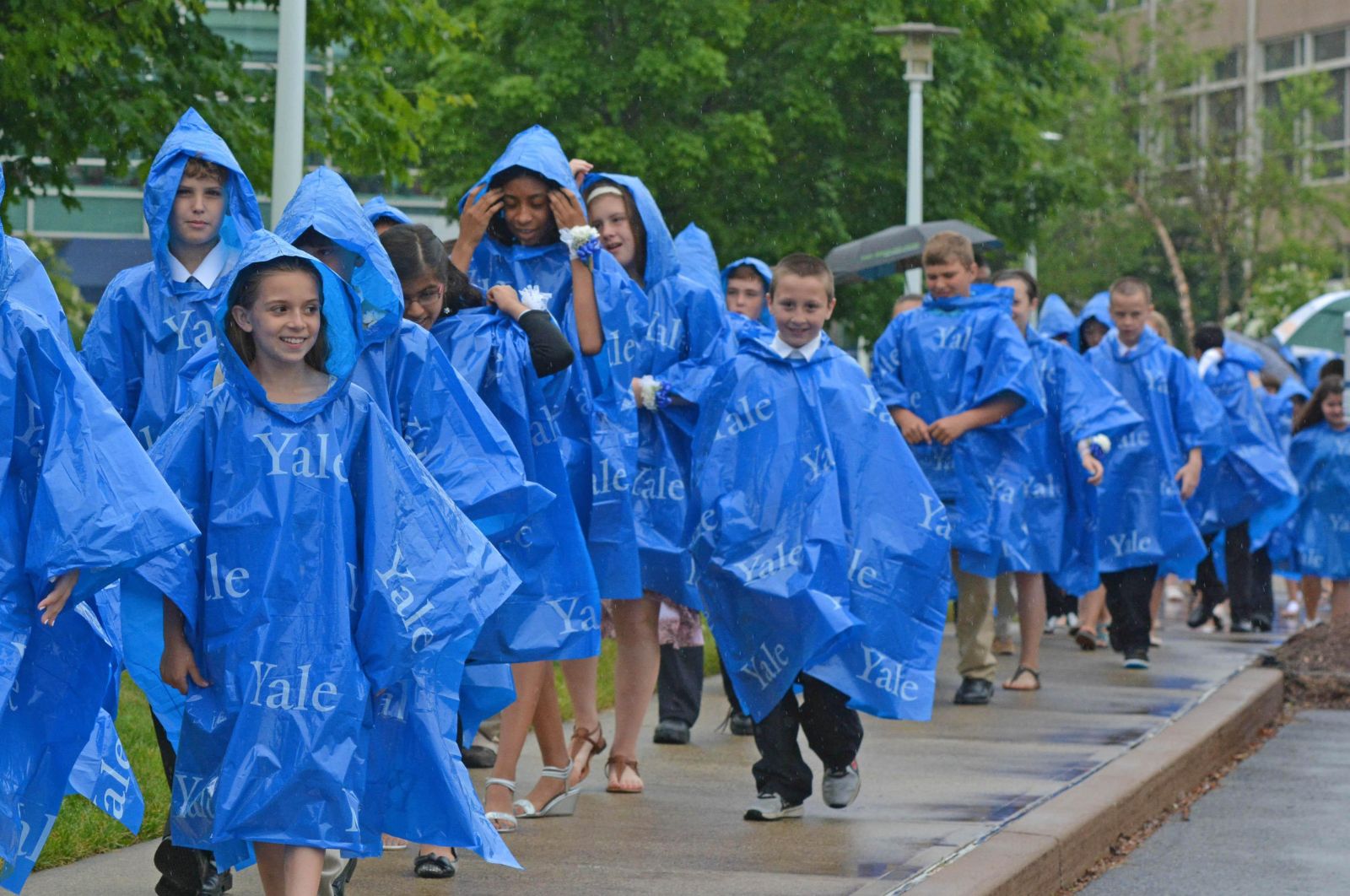 Peck Place Elementary School students in ponchos