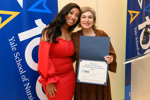 Angie Benhard ’26 MSN with Dean Emami at YSN's 21st annual Creative Writing Awards