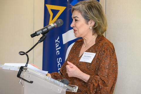 Dean Azita Emami speaking at YSN's 21st annual Creative Writing Awards