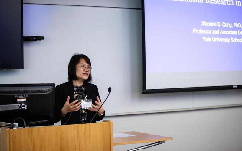 Associate Dean of Research at Yale School of Nursing, Xiaomei Cong speaking at Scholars' Day 2023