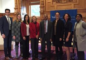 Above, L-to-R: Jeremy Schwartz, MD (YSM), Nicola Hawley, PhD (YSPH), Evelyn Hsieh, MD, PhD (YSM), Ann Kurth, PhD, CNM, MPH – Dean and Linda Koch Lorimer Professor of the Yale School of Nursing, Venkat Narayan, MD, MSc, MBA - Ruth and O.C. Hubert Professor of Global Health and Epidemiology at Emory University, Kasia Lipska, MD, MHS (YSM), Tracy Rabin, MD, SM (YSM), Christine Ngaruiya, MD, MSc, DTM&H (YSM)