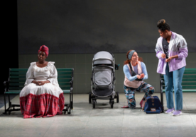 The Simulation Team lent several pieces of equipment to the Marys Seacole production, including a baby mannikin that cried from a stroller on stage. Photo credit: T. Charles Erickson.