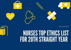Image of a blue background with white text: Nurses Top Ethics List for 20th Year.