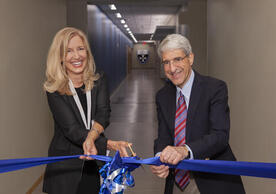 Dean Kurth and President Salovey cut the ribbon on the Simulation Lab expansion in 2018. Ribbon Cutting.